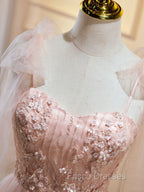 A Line Sweetheart Neck Pink Short Formal Prom Dress, Formal Puffy Pink Homecoming Dress with Lace Applique Beading