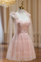 A Line Sweetheart Neck Pink Short Formal Prom Dress, Formal Puffy Pink Homecoming Dress with Lace Applique Beading