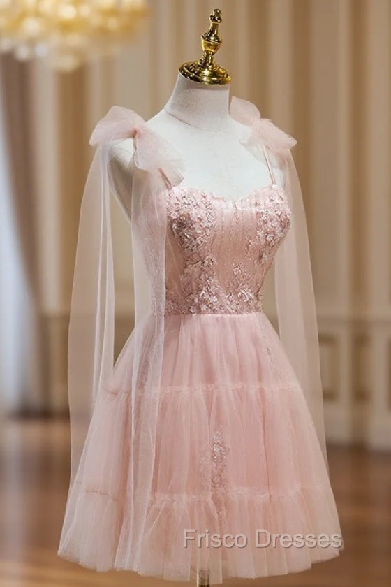 A Line Sweetheart Neck Pink Short Formal Prom Dress, Formal Puffy Pink Homecoming Dress with Lace Applique Beading