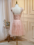 A Line Sweetheart Neck Pink Short Formal Prom Dress, Formal Puffy Pink Homecoming Dress with Lace Applique Beading
