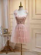 A Line Sweetheart Neck Pink Short Formal Prom Dress, Formal Puffy Pink Homecoming Dress with Lace Applique Beading