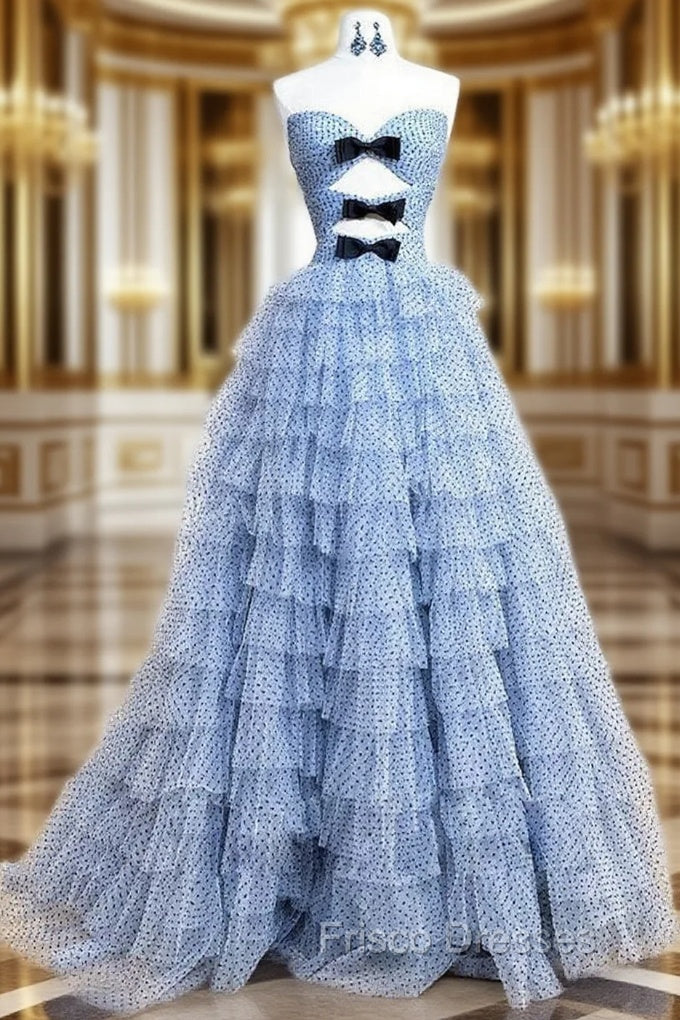 A-Line Sweetheart Neck Polka Dots Tulle Blue Long Formal Prom Dress, Blue Long Formal Dress Main image