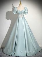 A-Line Sweetheart Neck Puff Sleeves Satin Blue Long Formal Prom Dress, Blue Long Formal Dress