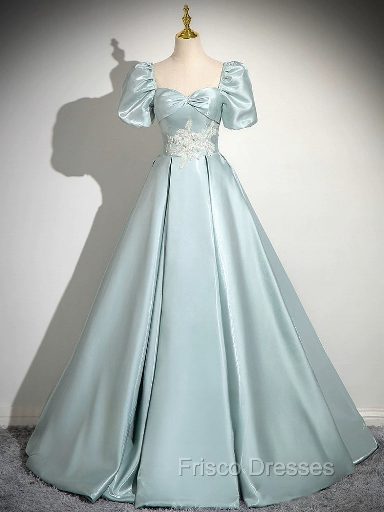A-Line Sweetheart Neck Puff Sleeves Satin Blue Long Formal Prom Dress, Blue Long Formal Dress