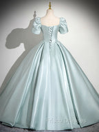 A-Line Sweetheart Neck Puff Sleeves Satin Blue Long Formal Prom Dress, Blue Long Formal Dress