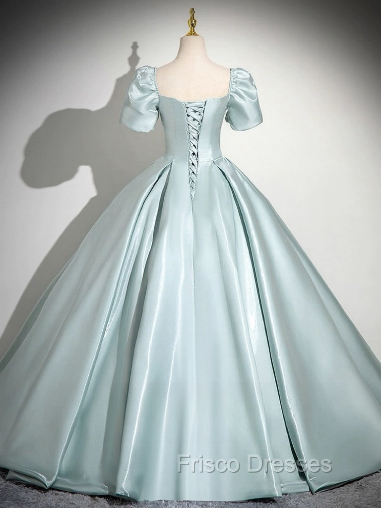 A-Line Sweetheart Neck Puff Sleeves Satin Blue Long Formal Prom Dress, Blue Long Formal Dress