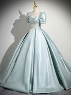 A-Line Sweetheart Neck Puff Sleeves Satin Blue Long Formal Prom Dress, Blue Long Formal Dress