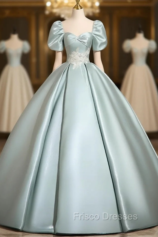 A-Line Sweetheart Neck Puff Sleeves Satin Blue Long Formal Prom Dress, Blue Long Formal Dress Main image