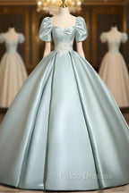 A-Line Sweetheart Neck Puff Sleeves Satin Blue Long Formal Prom Dress, Blue Long Formal Dress