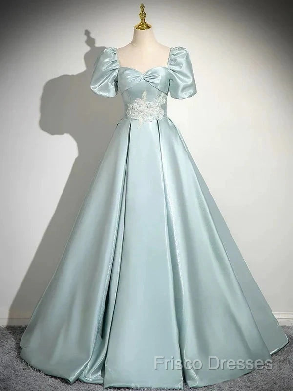 A-Line Sweetheart Neck Puff Sleeves Satin Quinceanera Dress Blue Long Formal Prom Dress Elegant Formal Dress