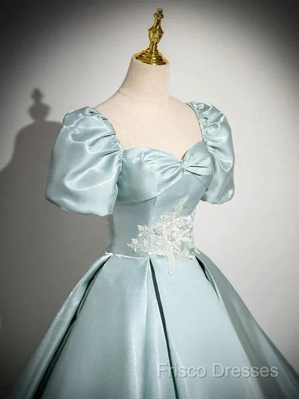 A-Line Sweetheart Neck Puff Sleeves Satin Quinceanera Dress Blue Long Formal Prom Dress Elegant Formal Dress