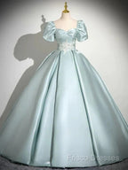 A-Line Sweetheart Neck Puff Sleeves Satin Quinceanera Dress Blue Long Formal Prom Dress Elegant Formal Dress