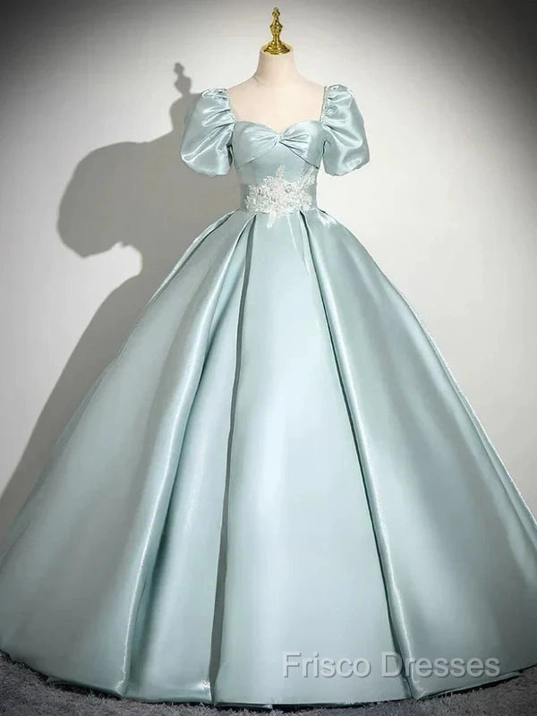 A-Line Sweetheart Neck Puff Sleeves Satin Quinceanera Dress Blue Long Formal Prom Dress Elegant Formal Dress