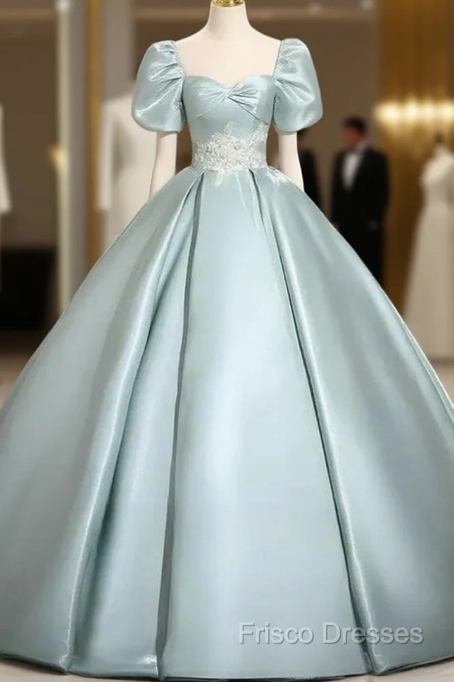 A-Line Sweetheart Neck Puff Sleeves Satin Quinceanera Dress Blue Long Formal Prom Dress Elegant Formal Dress