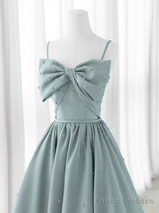 A-Line Sweetheart Neck Satin Beads Blue Long Prom Dress, Blue Formal Dress