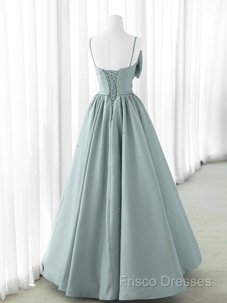 A-Line Sweetheart Neck Satin Beads Blue Long Formal Prom Dress, Blue Formal Dress