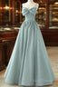A-Line Sweetheart Neck Satin Beads Blue Long Formal Prom Dress, Blue Formal Dress