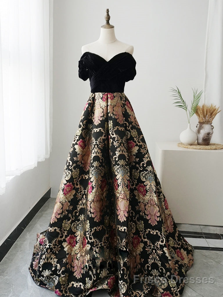A-Line Sweetheart Neck Satin Black Long Prom Dress, Black Formal Dress Main image