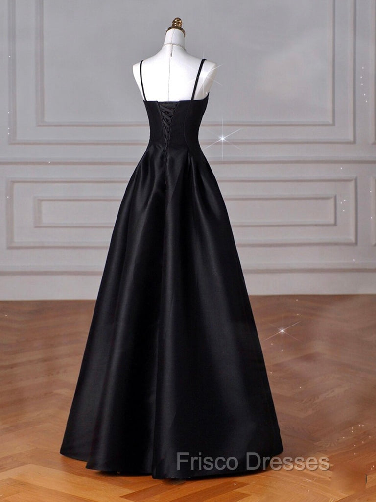 A-Line Sweetheart Neck Satin Black Long Formal Prom Dress, Black Long Evening Dress