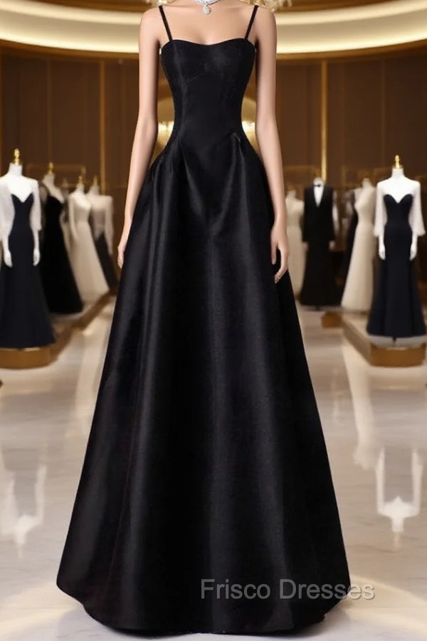 A-Line Sweetheart Neck Satin Black Long Formal Prom Dress, Black Long Evening Dress Main image