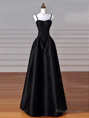 A-Line Sweetheart Neck Satin Black Long Prom Dress, Black Long Evening Dress