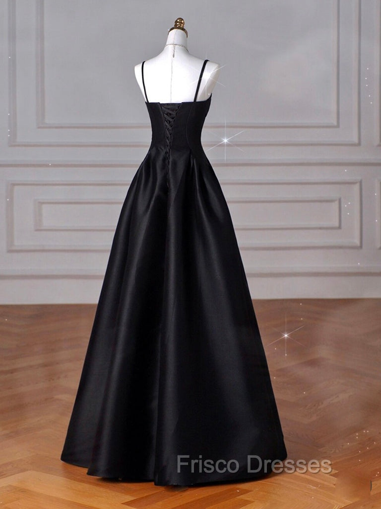 A-Line Sweetheart Neck Satin Black Long Formal Prom Dress, Black Long Formal Dress