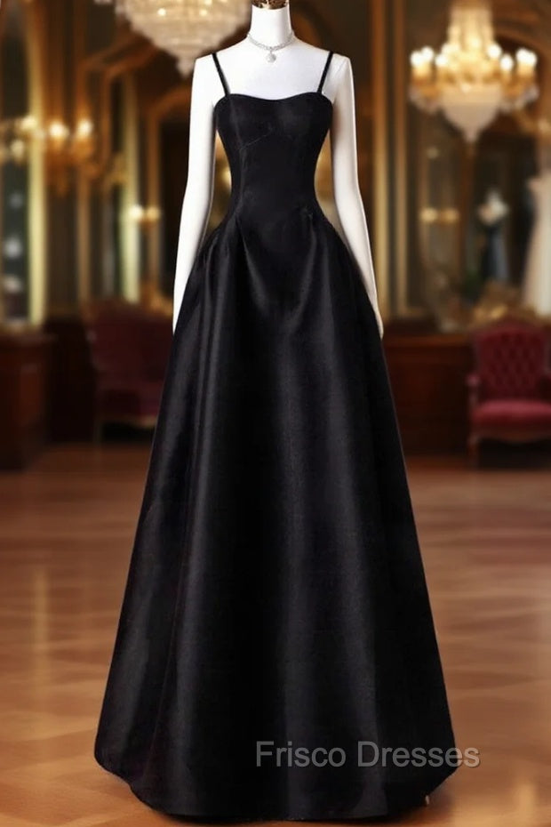 A-Line Sweetheart Neck Satin Black Long Formal Prom Dress, Black Long Formal Dress Main image