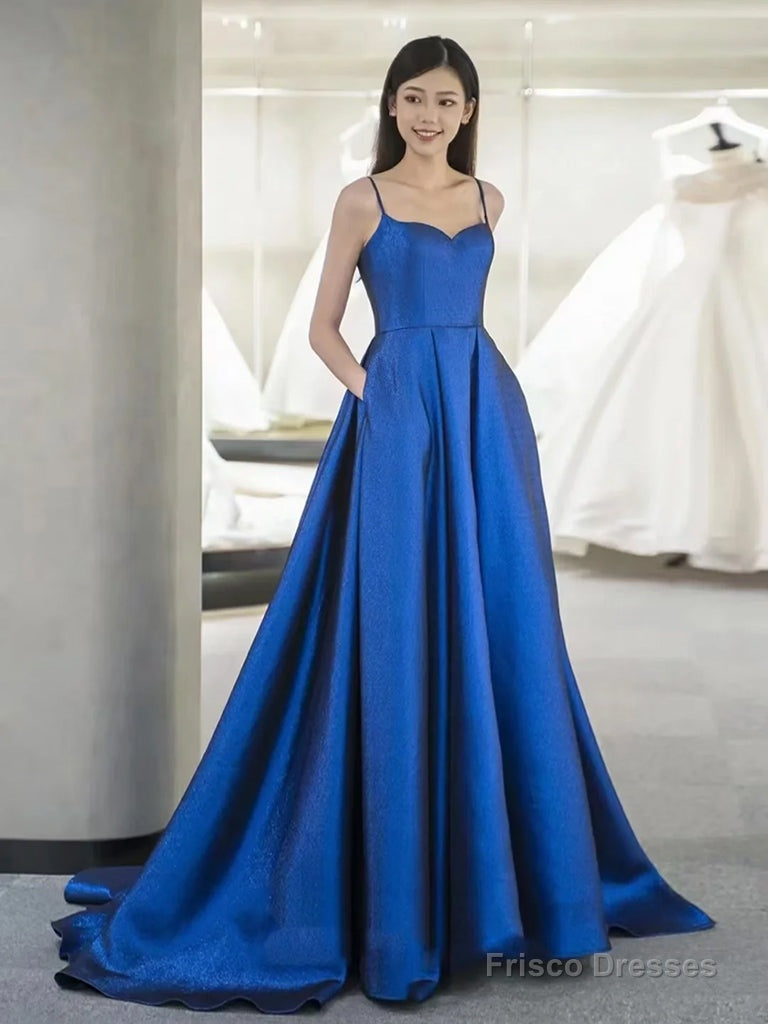 A-Line Sweetheart Neck Satin Blue Long Prom Dress, Blue Long Formal Dress Main image
