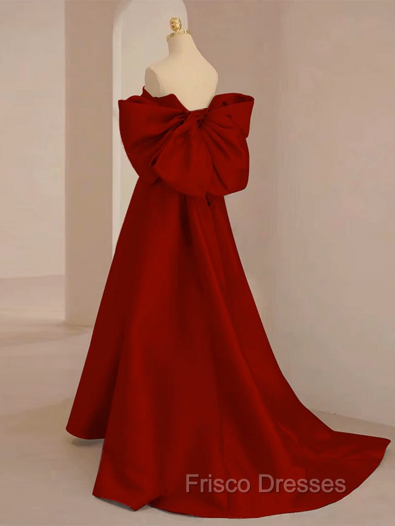 A-Line Sweetheart Neck  Satin Burgundy Long Formal Prom Dress with Bow
