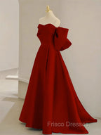 A-Line Sweetheart Neck  Satin Burgundy Long Formal Prom Dress with Bow