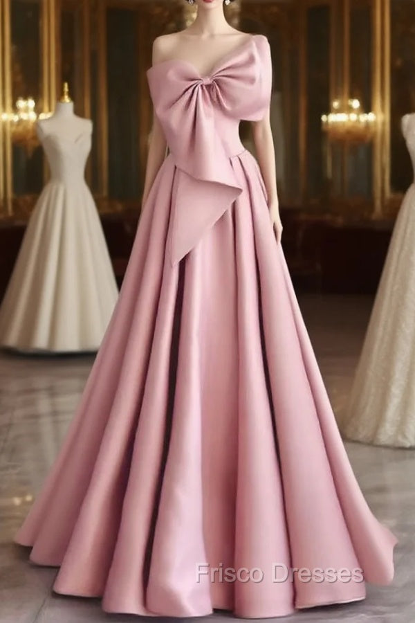 A-Line Sweetheart Neck Satin Pink Long Formal Prom Dress, Pink Long Evening Dress Main image
