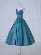 A-Line Sweetheart Neck Satin Tea Length Blue Formal Prom Dress, Blue Formal Dress