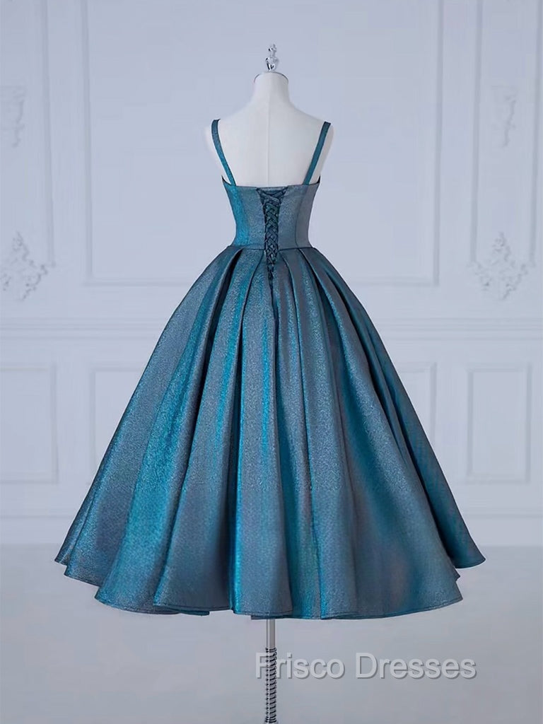 A-Line Sweetheart Neck Satin Tea Length Blue Formal Prom Dress, Blue Formal Dress