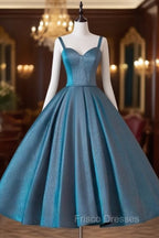 A-Line Sweetheart Neck Satin Tea Length Blue Formal Prom Dress, Blue Formal Dress