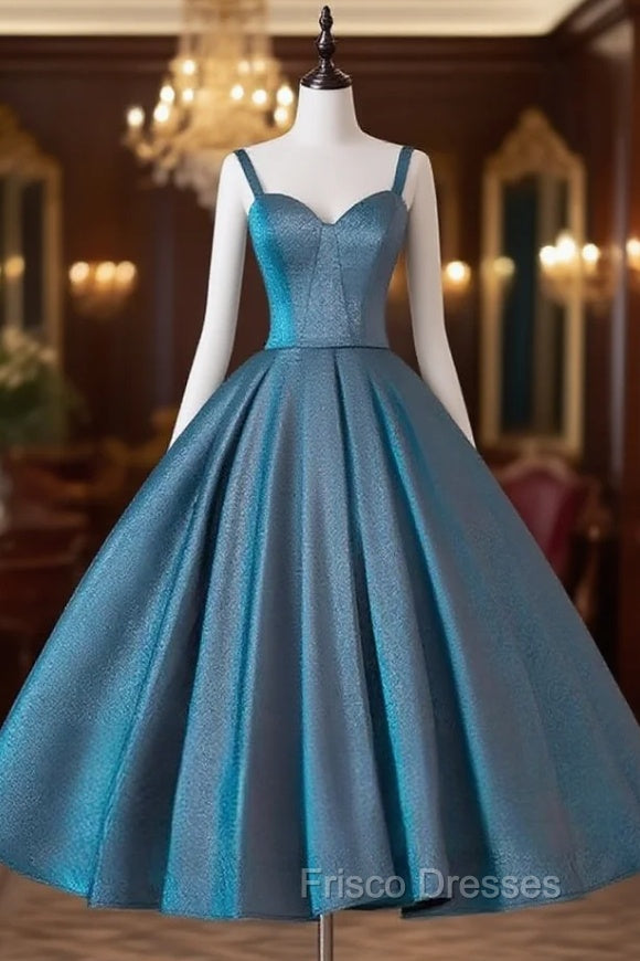 A-Line Sweetheart Neck Satin Tea Length Blue Formal Prom Dress, Blue Formal Dress