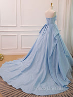 A-Line Sweetheart Neck Satin Tulle Blue Long Formal Prom Dress, Blue Evening Dress