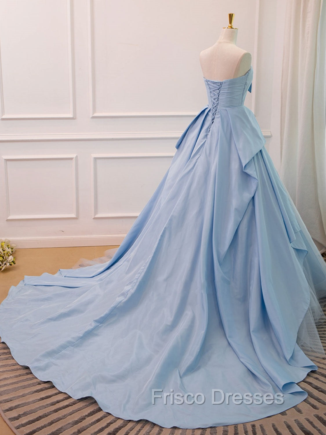 A-Line Sweetheart Neck Satin Tulle Blue Long Formal Prom Dress, Blue Evening Dress
