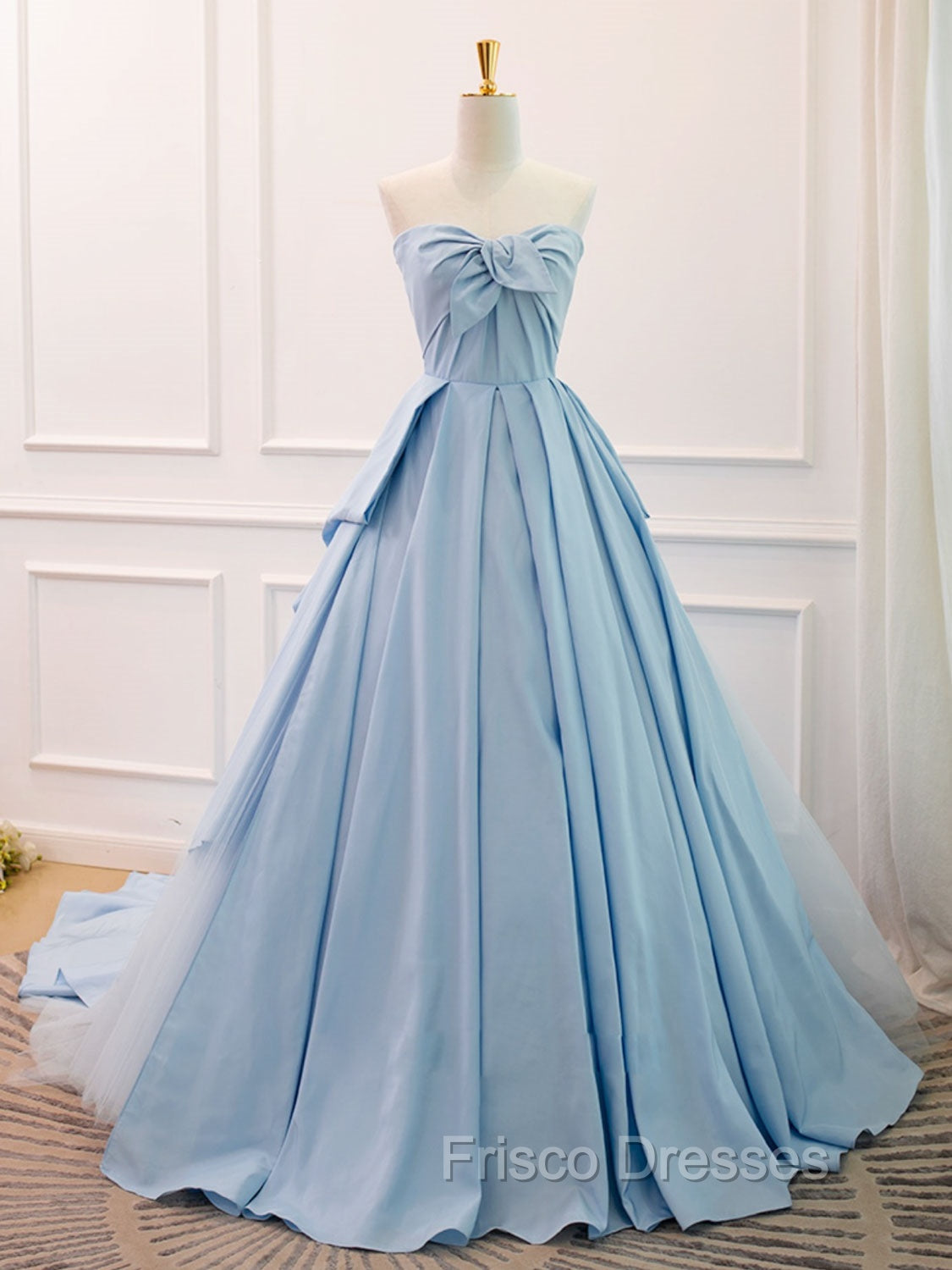 A-Line Sweetheart Neck Satin Tulle Blue Long Formal Prom Dress, Blue Evening Dress