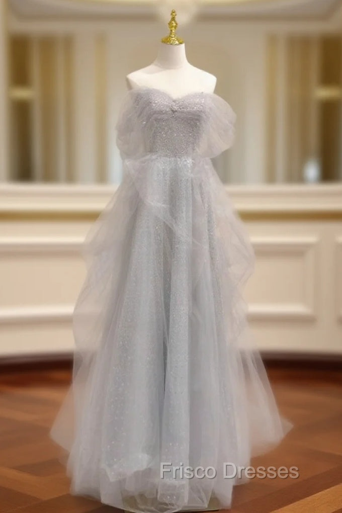 A-Line Sweetheart Neck Sequin Gray Long Formal Prom Dress, Gray Formal Dress