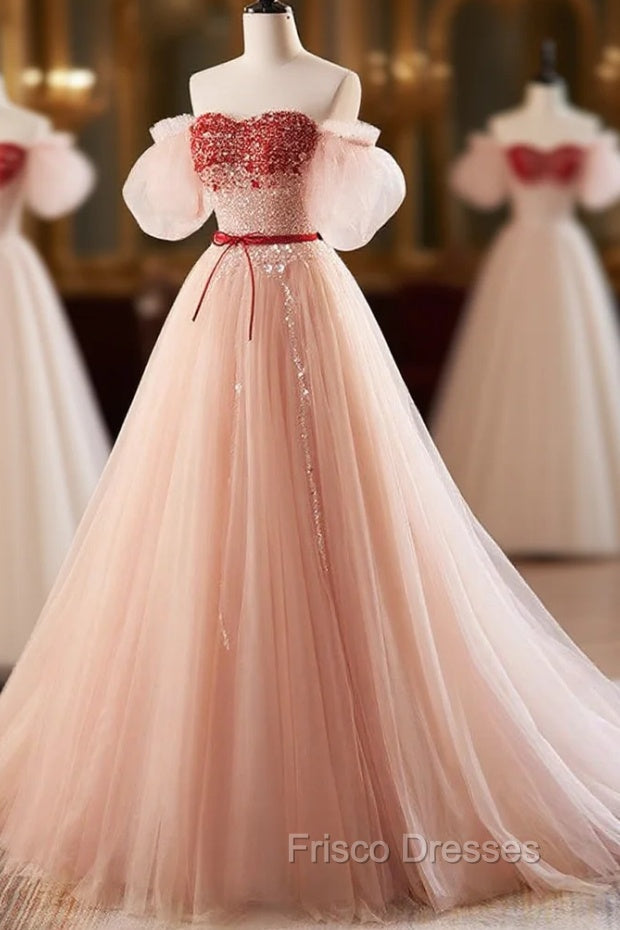 A-Line Sweetheart Neck Sequin Tulle Pink Long Formal Prom Dress, Pink Formal Dress Secondary image