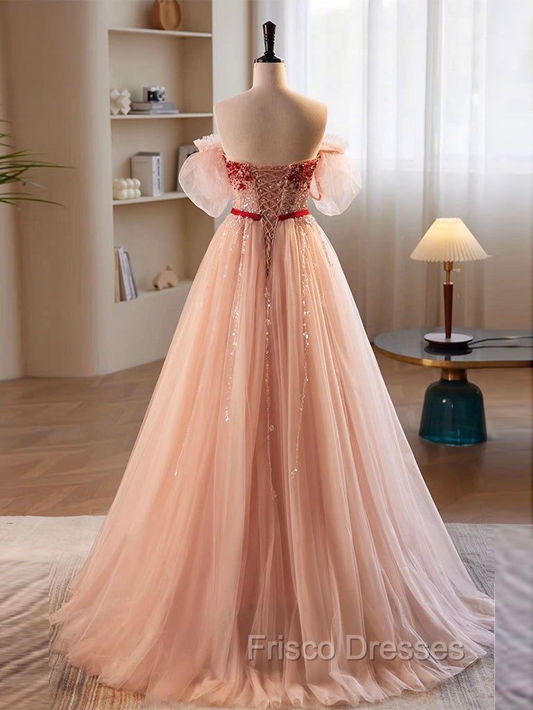 A-Line Sweetheart Neck Sequin Tulle Pink Long Formal Prom Dress, Pink Formal Dress
