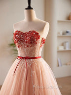 A-Line Sweetheart Neck Sequin Tulle Pink Long Formal Prom Dress, Pink Formal Dress