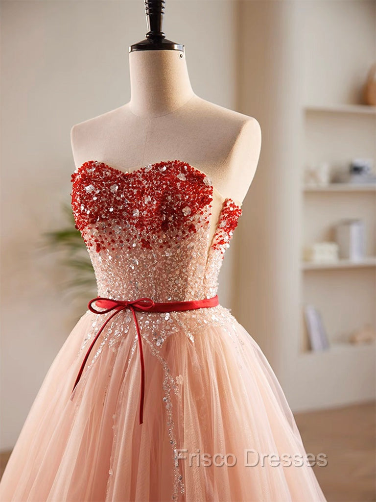 A-Line Sweetheart Neck Sequin Tulle Pink Long Formal Prom Dress, Pink Formal Dress