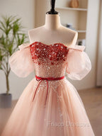 A-Line Sweetheart Neck Sequin Tulle Pink Long Formal Prom Dress, Pink Formal Dress