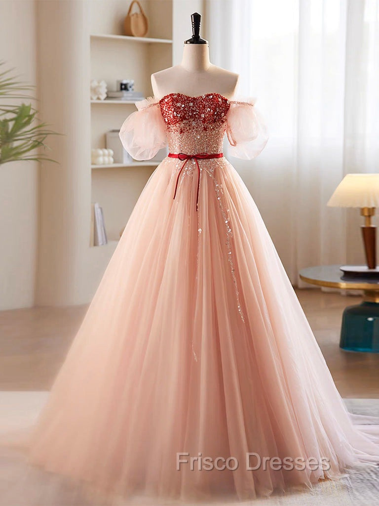 A-Line Sweetheart Neck Sequin Tulle Pink Long Formal Prom Dress, Pink Formal Dress Main image