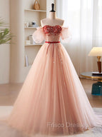 A-Line Sweetheart Neck Sequin Tulle Pink Long Formal Prom Dress, Pink Formal Dress