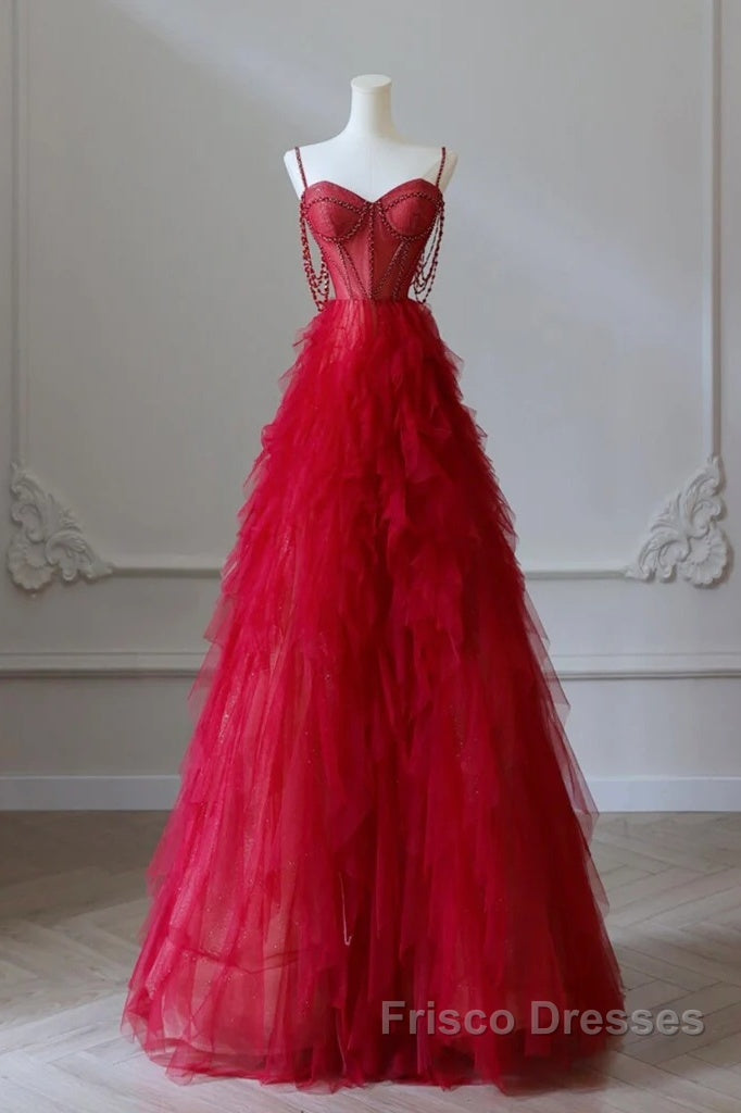 A-Line Sweetheart Neck Tulle Beads Burgundy Long Formal Prom Dress Secondary image