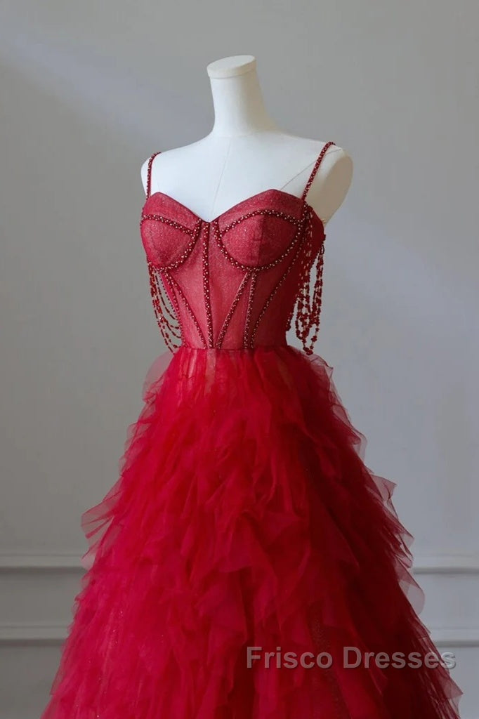A-Line Sweetheart Neck Tulle Beads Burgundy Long Formal Prom Dress