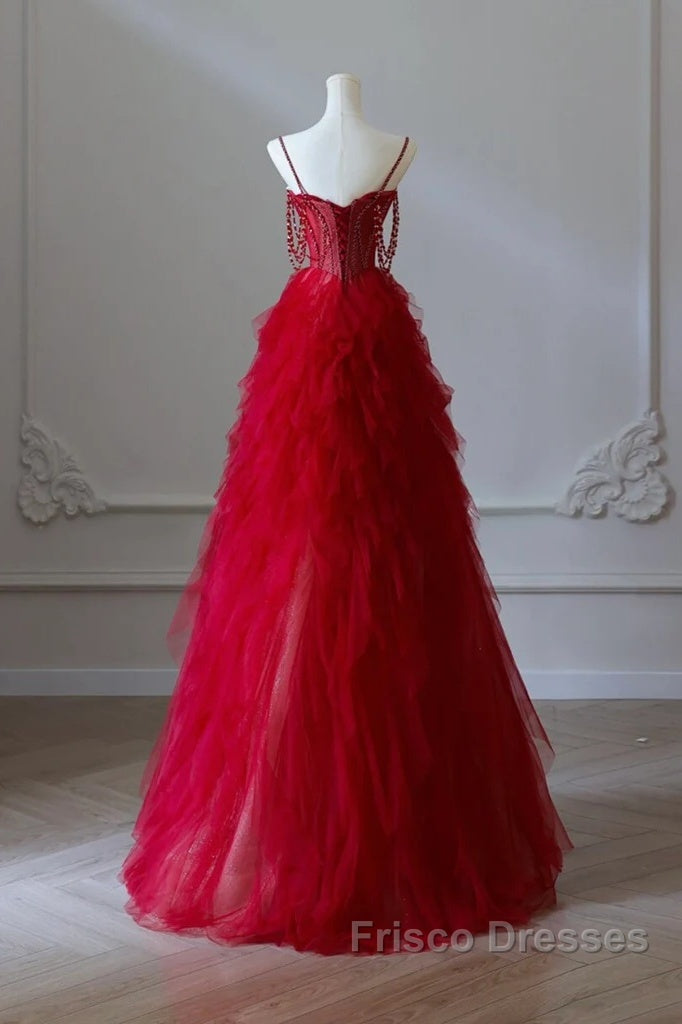 A-Line Sweetheart Neck Tulle Beads Burgundy Long Formal Prom Dress
