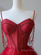 A-Line Sweetheart Neck Tulle Beads Burgundy Long Formal Prom Dress